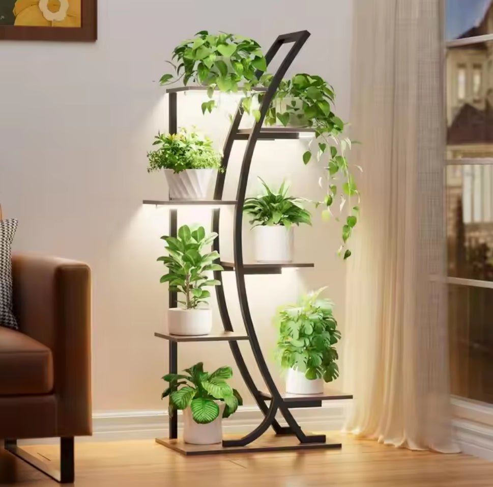 Premium Curved Peace Plant Rack with Integrated LED Grow Light – Modern Indoor Plant Shelf