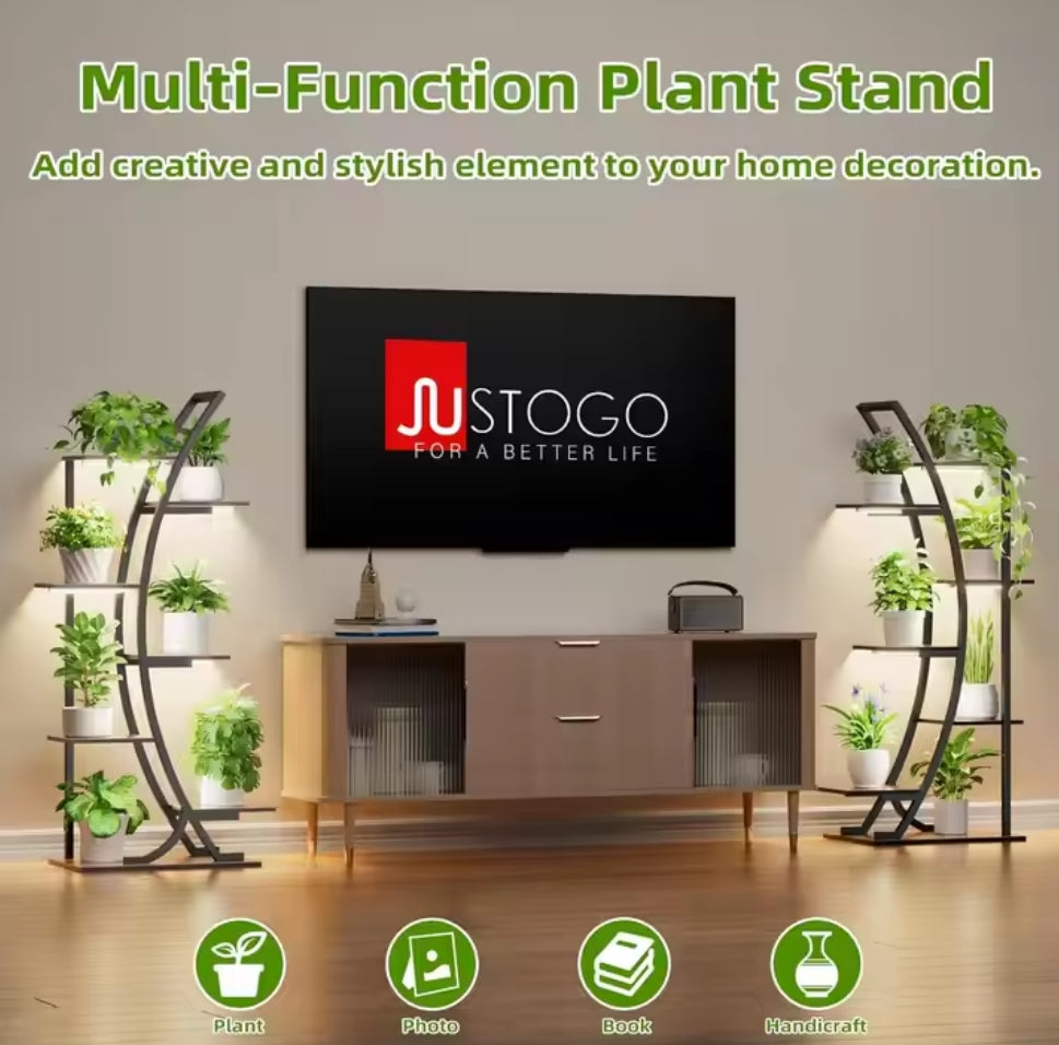 Premium Curved Peace Plant Rack with Integrated LED Grow Light – Modern Indoor Plant Shelf