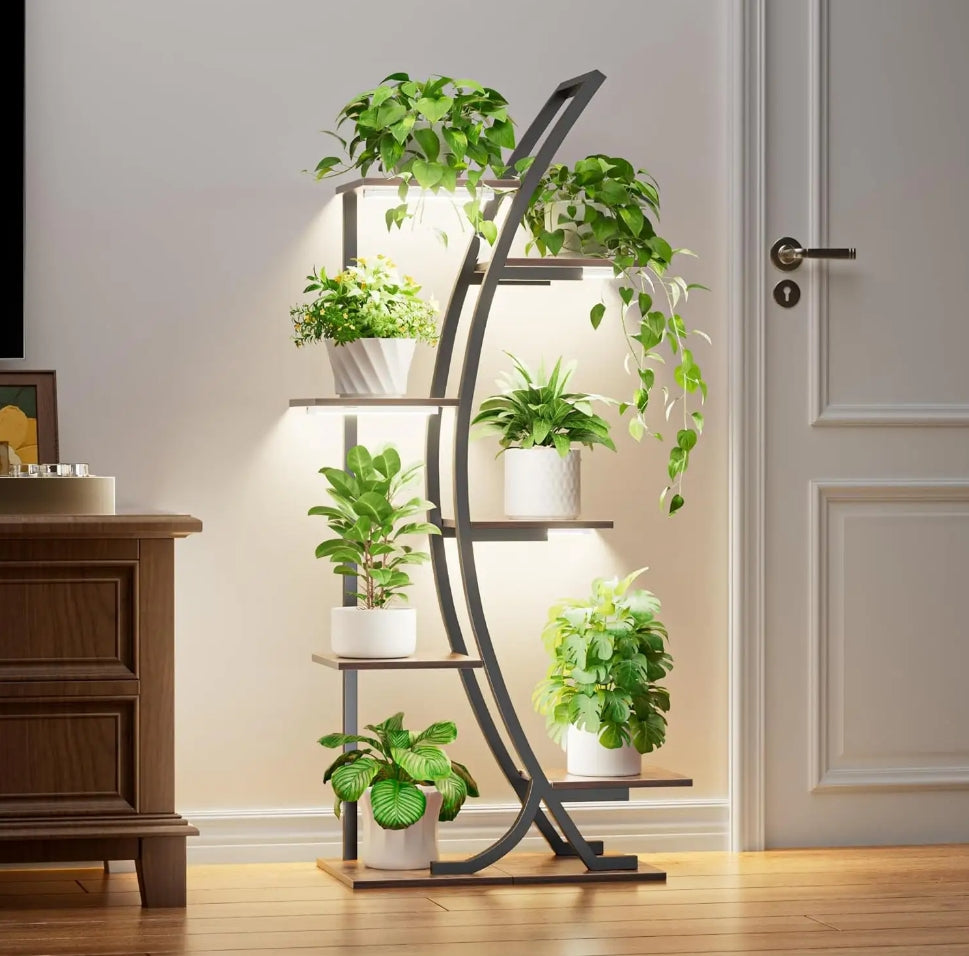 Premium Curved Peace Plant Rack with Integrated LED Grow Light – Modern Indoor Plant Shelf