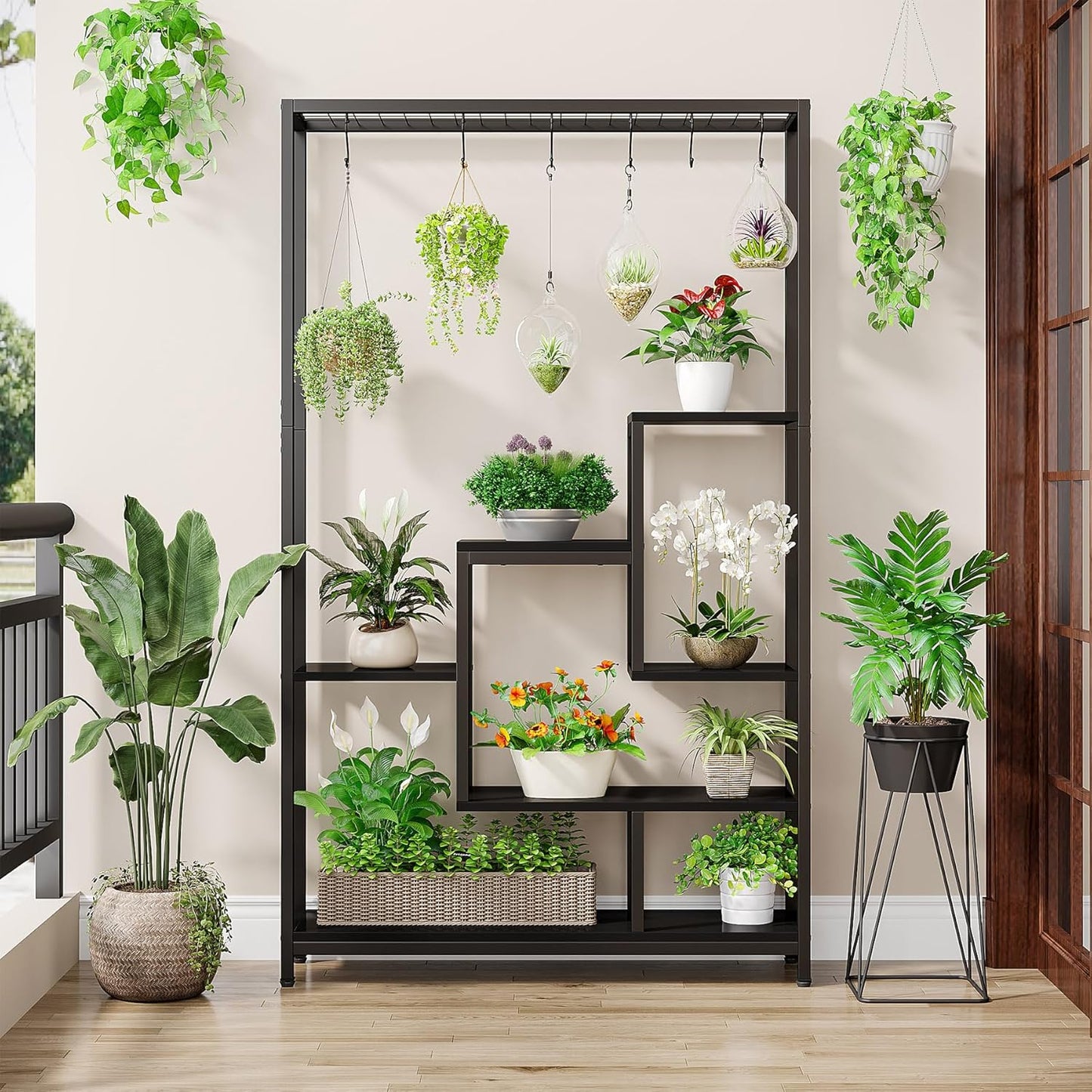 Large Capacity Multi-Tier Plant Stand – Metal Plant Rack with Hanging Bar for Home, Patio & Sunroom Peace Plants