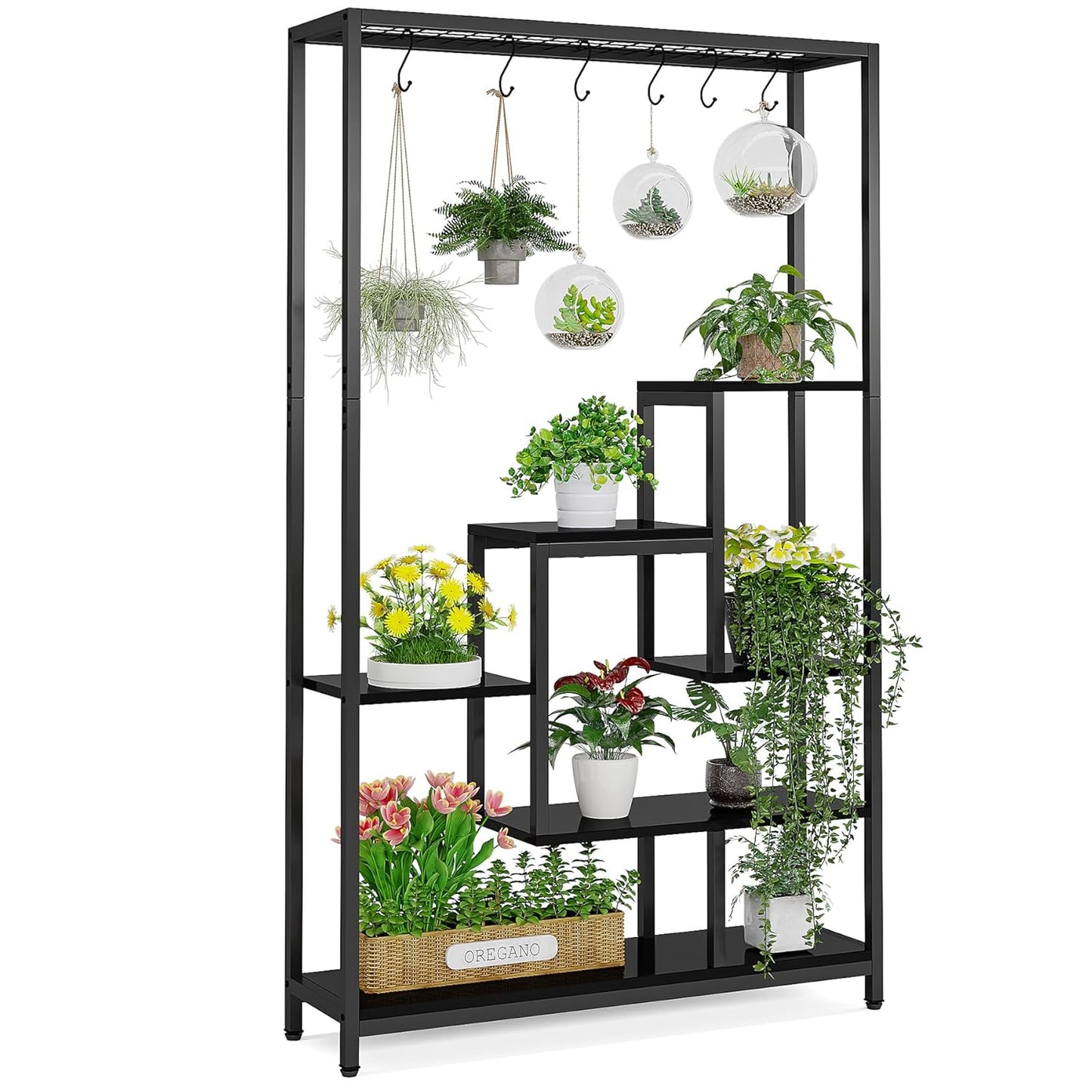 Large Capacity Multi-Tier Plant Stand – Metal Plant Rack with Hanging Bar for Home, Patio & Sunroom Peace Plants