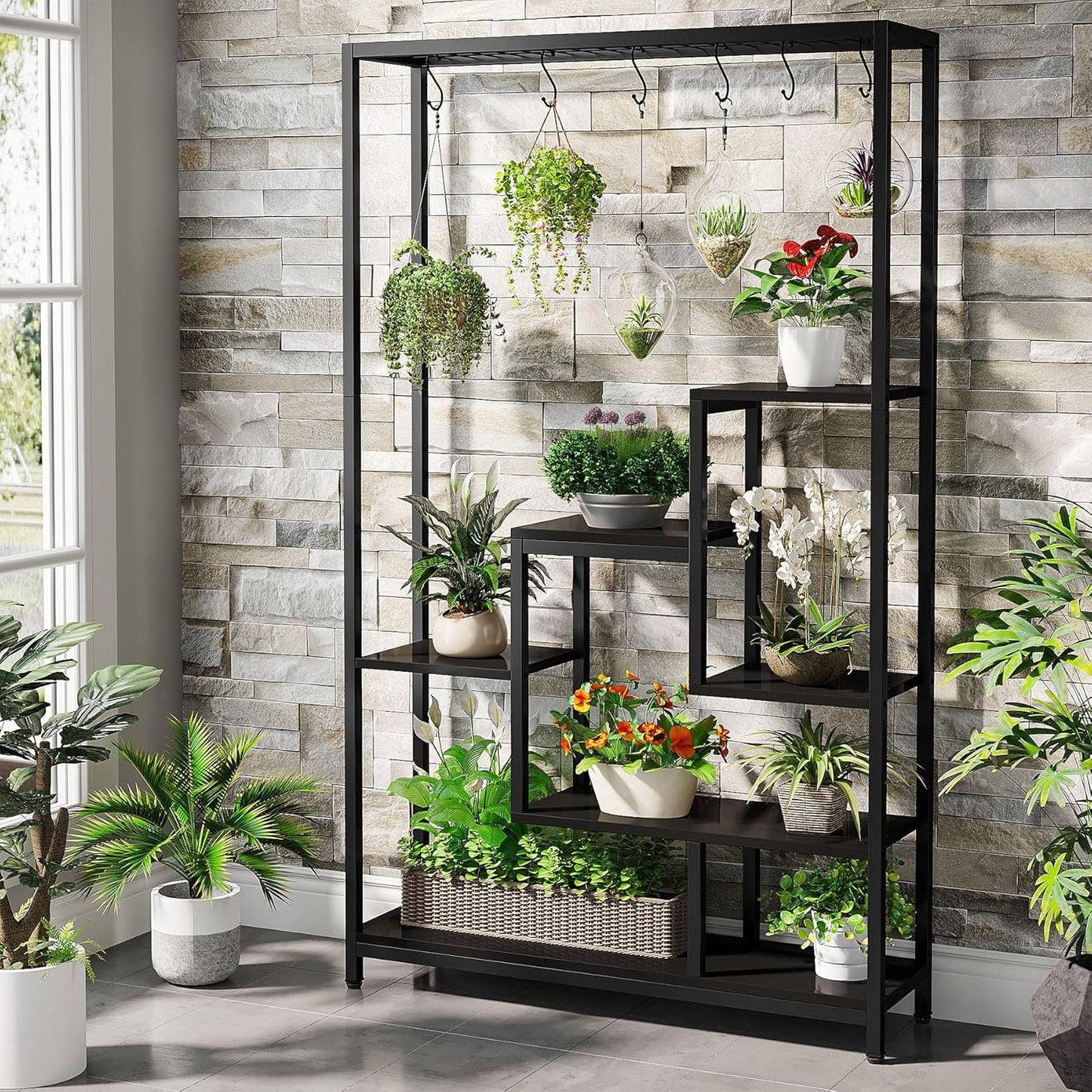 Large Capacity Multi-Tier Plant Stand – Metal Plant Rack with Hanging Bar for Home, Patio & Sunroom Peace Plants