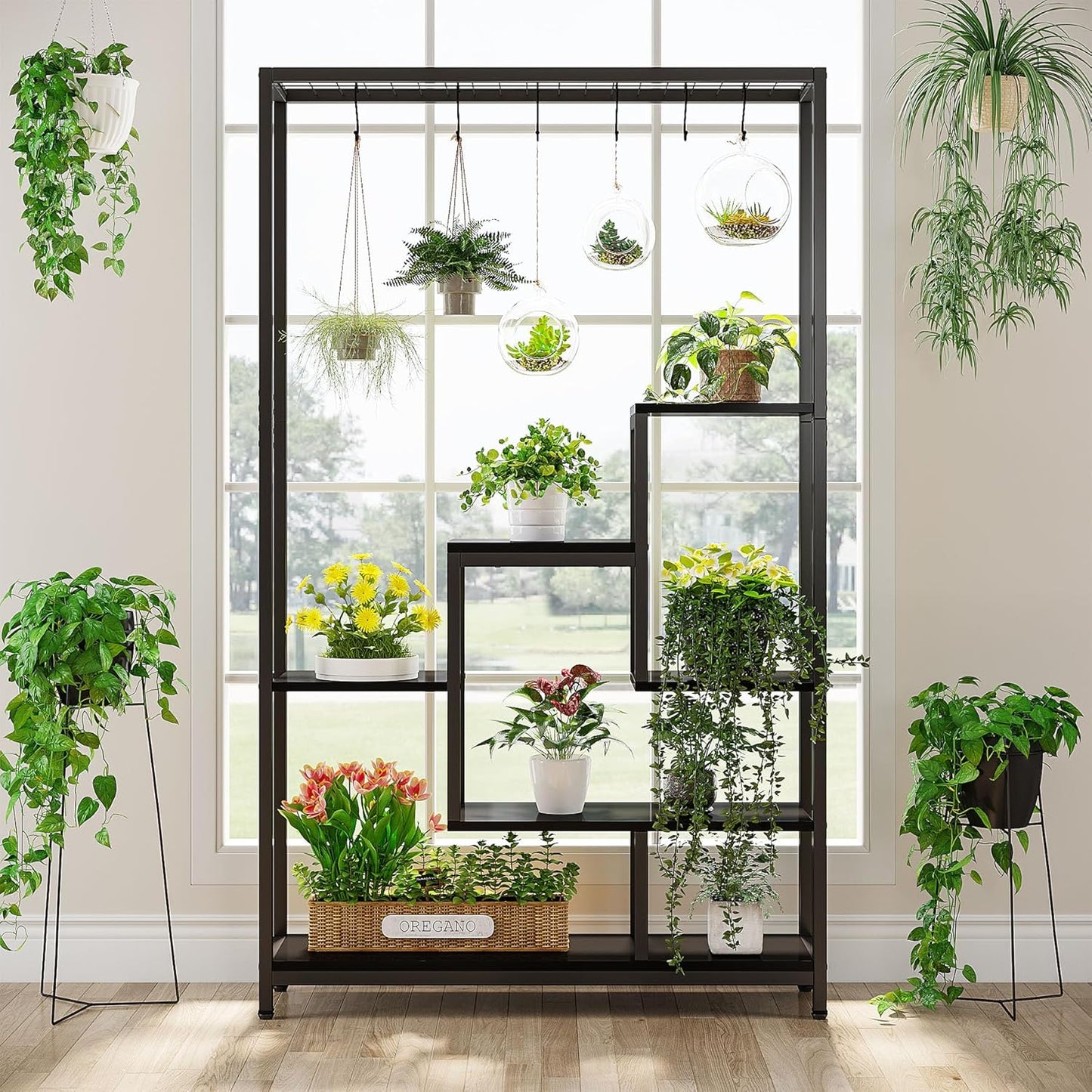 Large Capacity Multi-Tier Plant Stand – Metal Plant Rack with Hanging Bar for Home, Patio & Sunroom Peace Plants