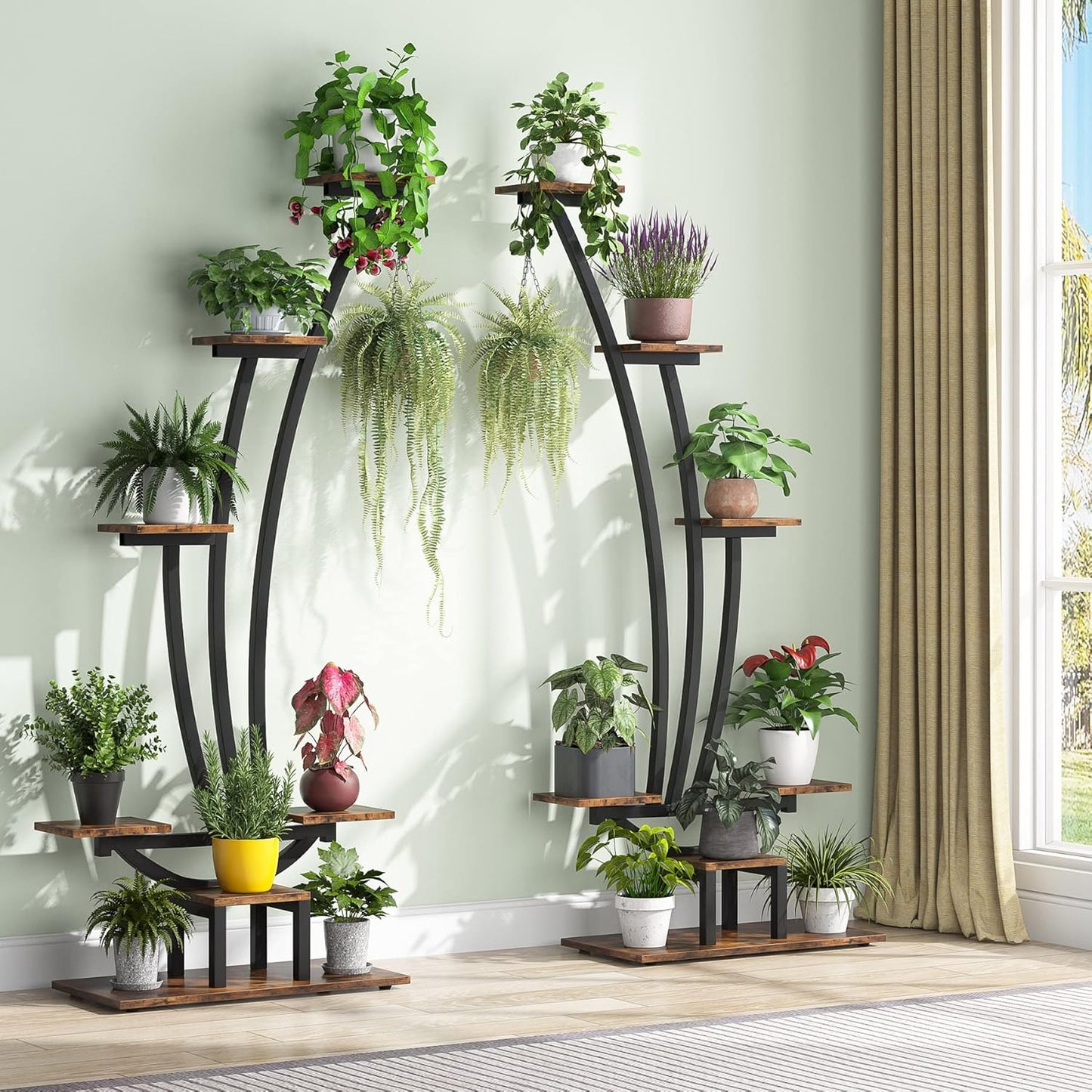 Modern Curved Indoor Peace Plant Stand Set of 2 – 6-Tier Heavy-Duty Metal Flower Pot Display Rack for Home, Patio & Balcony
